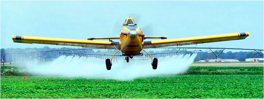 Avião agrícola pulverizando agrotóxicos sobre lavoura